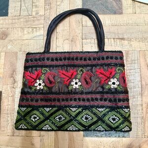 70s Vintage Style Beaded Bag ✧ Black Floral Embroidery and Beading Boho Chic